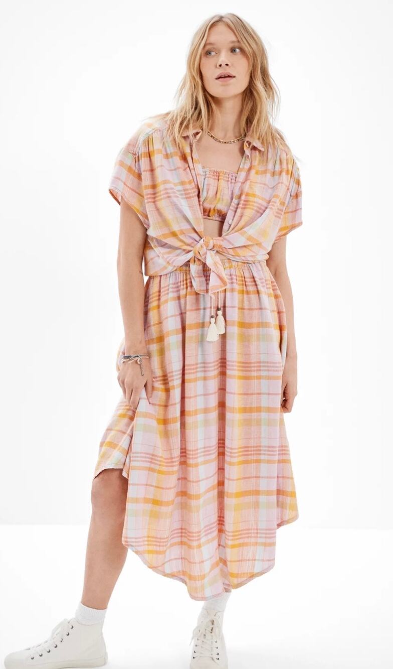 AMERICAN EAGLE Linen Resort Shirt Boxy Orange Plaid LARGE NWT!